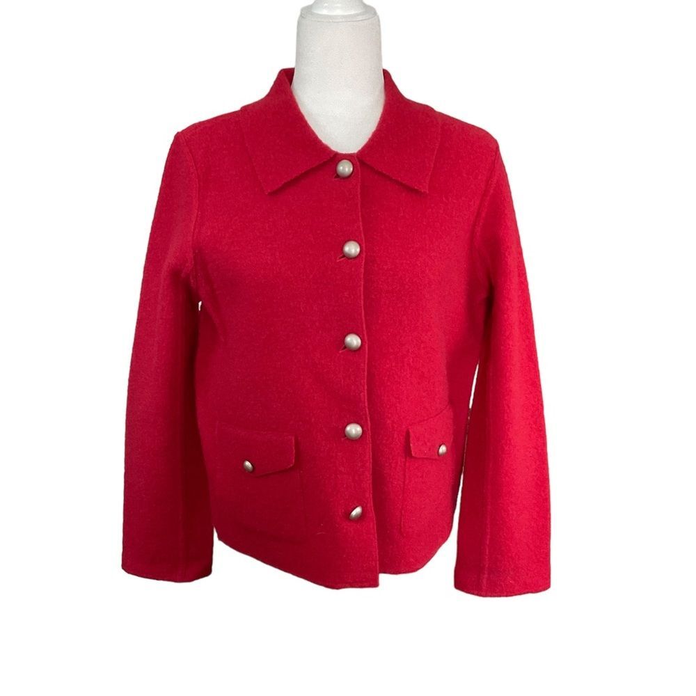 Carole Little Red Boiled Wool Button Front Cardigan Jacket Size S